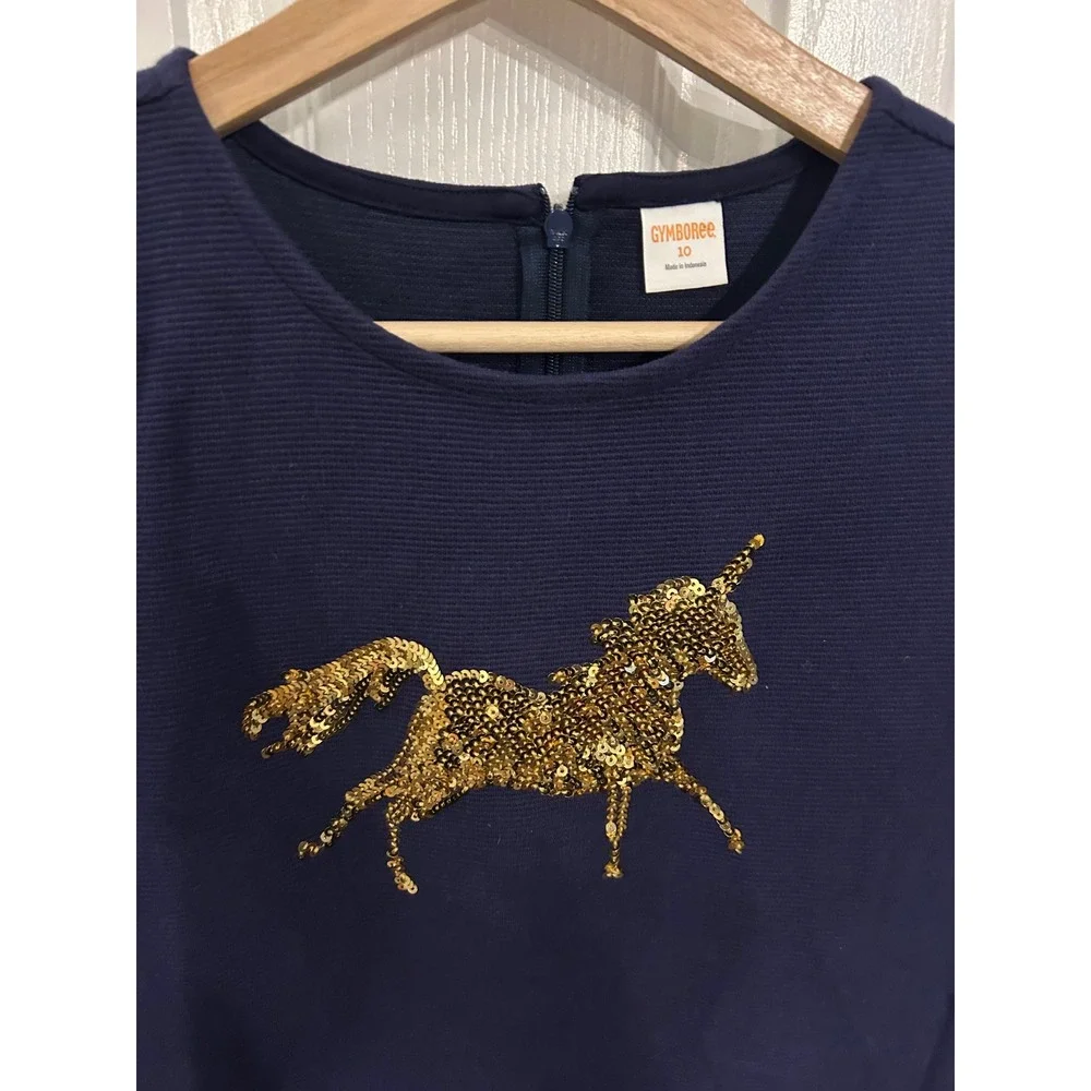 Gymboree Girls Navy Blue Sequin Unicorn Shift Dress Gold Zipper Pockets 10 k7072